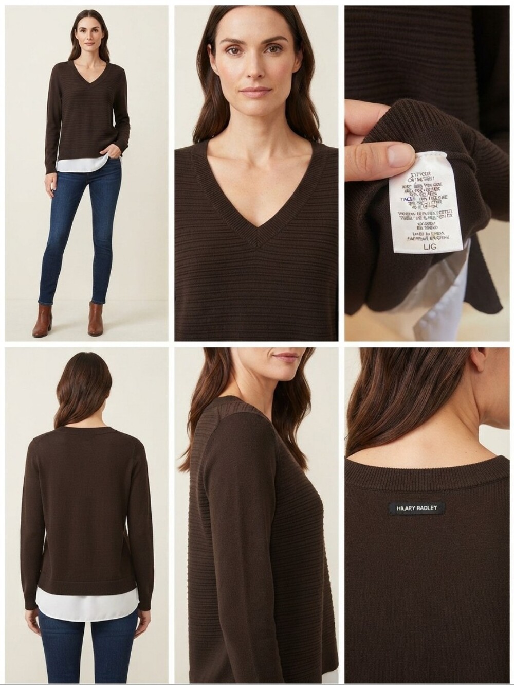 Hilary Radley Layered 2-in-1 V-Neck Ribbed Knit Sweater Black White Hem Size L